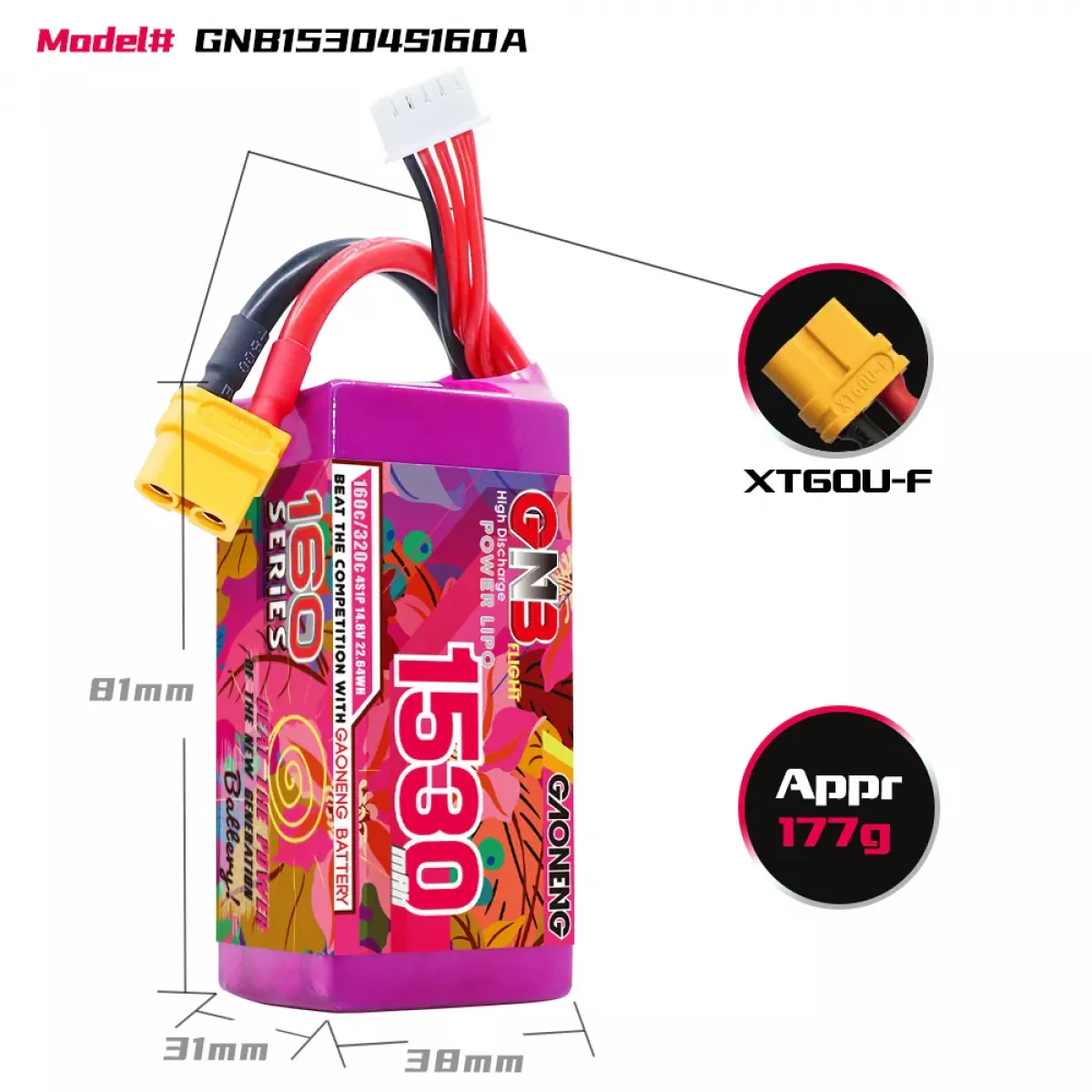 Аккумулятор GNB 4S 14.8V 1530mAh 160C/320C Lipo для квадрокоптеров RC FPV Аккумулятор GNB 4S 14.8V 1530mAh 160C/320C Lipo для квадрокоптеров RC FPV