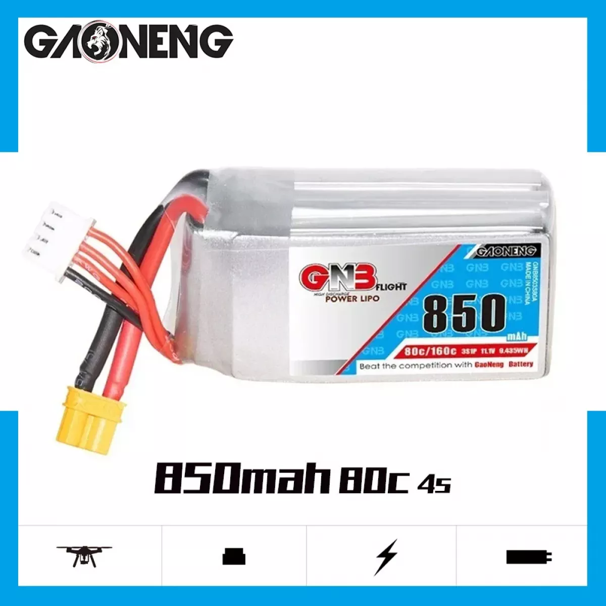 Аккумулятор GNB 4S 14.8V 850mAh 80C/160C LiPo для FPV гоночных дронов Аккумулятор GNB 4S 14.8V 850mAh 80C/160C LiPo для FPV гоночных дронов