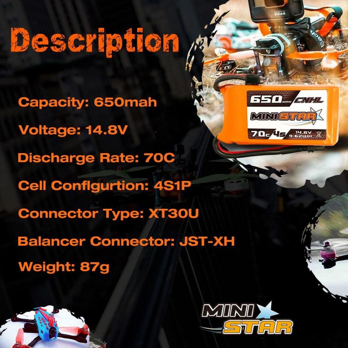 Аккумулятор 3шт CNHL 14.8В 650мАч 4S 70C MiniStar XT30U для FPV квадрокоптера и мини-дрона Аккумулятор 3шт CNHL 14.8В 650мАч 4S 70C MiniStar XT30U для FPV квадрокоптера и мини-дрона