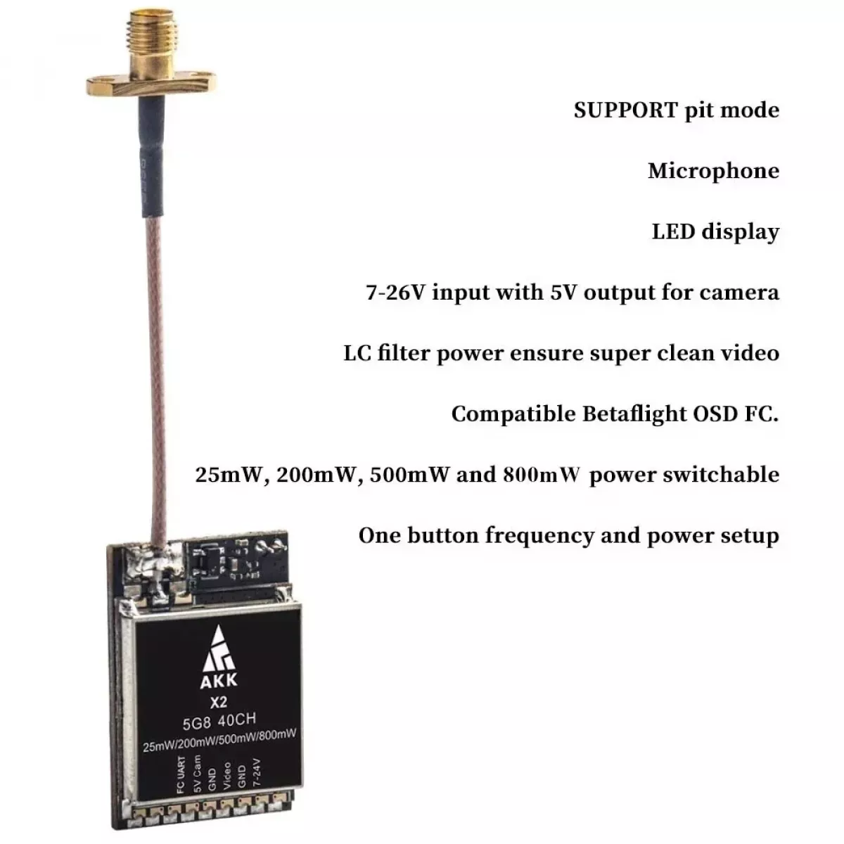AKK X2P/X2 5.8ГГц 40CH VTX – видеопередатчик FPV, 0.01–800mW, совместим с Betaflight OSD FC AKK X2P/X2 5.8ГГц 40CH VTX – видеопередатчик FPV, 0.01–800mW, совместим с Betaflight OSD FC