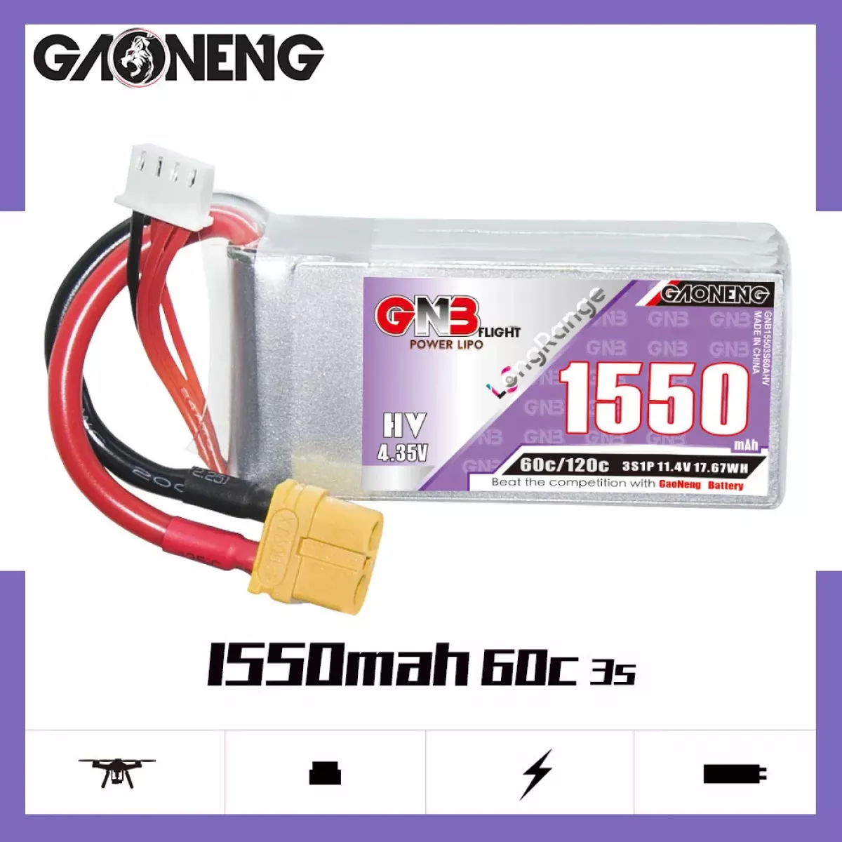 Аккумулятор GNB 2S/3S/4S/6S HV 1550mAh 60C/120C для RC автомобилей, дронов, самолётов Аккумулятор GNB 2S/3S/4S/6S HV 1550mAh 60C/120C для RC автомобилей, дронов, самолётов