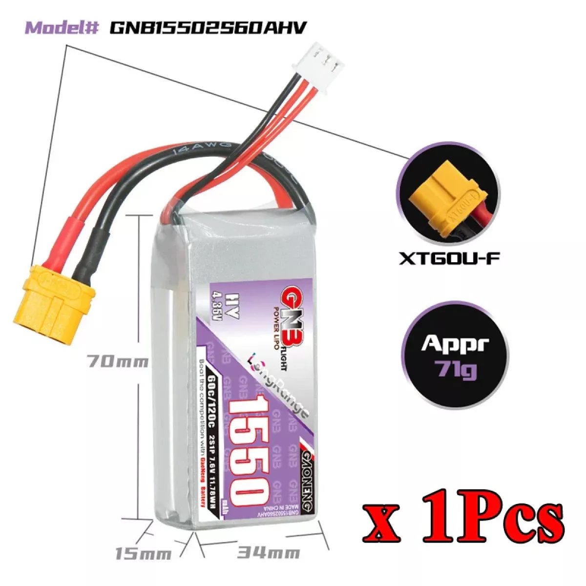 Аккумулятор GNB 2S/3S/4S/6S HV 1550mAh 60C/120C для RC автомобилей, дронов, самолётов Аккумулятор GNB 2S/3S/4S/6S HV 1550mAh 60C/120C для RC автомобилей, дронов, самолётов