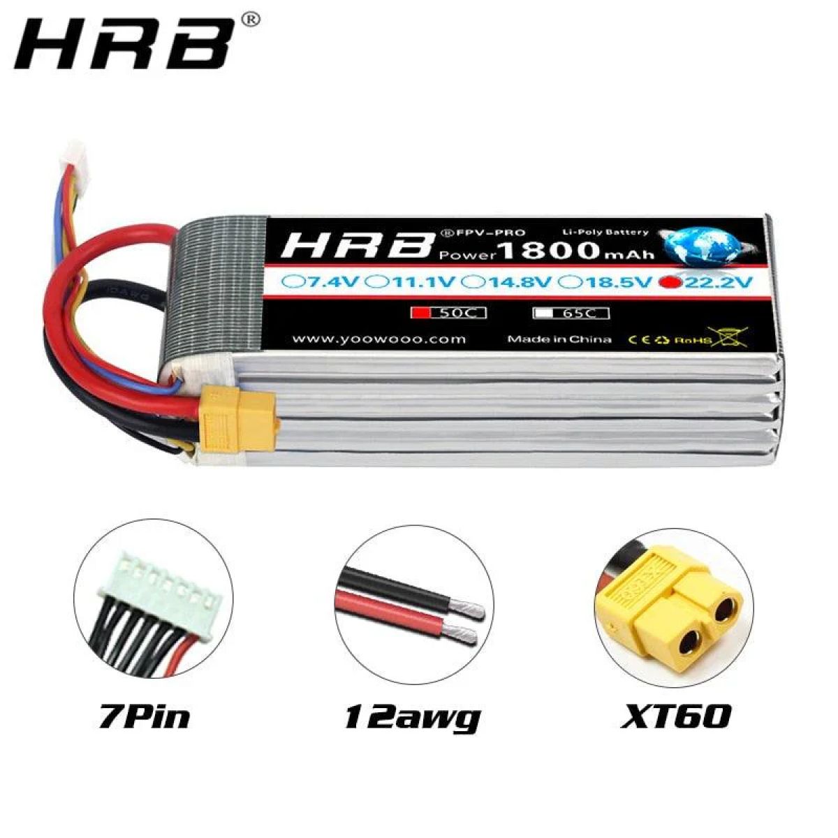 2шт. HRB LiPo 4S/5S/6S 14.8В/18.5В/22.2В 1300–2200мАч 50C/100C XT60 для RC FPV квадрокоптера 2шт. HRB LiPo 4S/5S/6S 14.8В/18.5В/22.2В 1300–2200мАч 50C/100C XT60 для RC FPV квадрокоптера