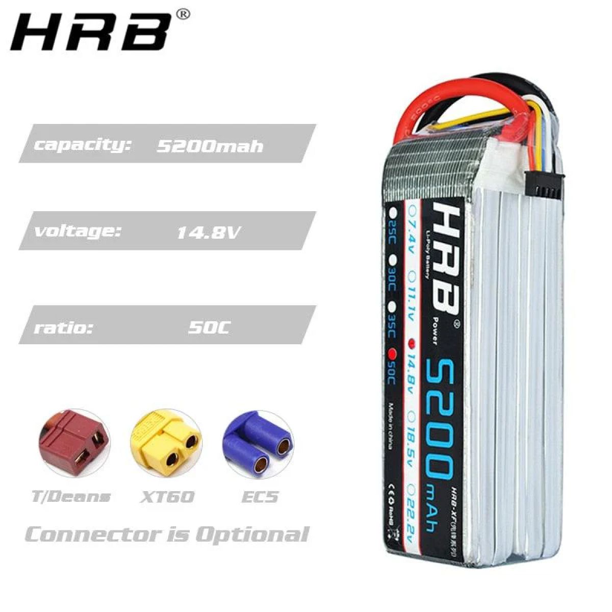 HRB LiPo аккумулятор 5200mAh 3S 11.1V/14.8V/18.5V/22.2V 50C Deans T XT60 для RC моделей, дронов HRB LiPo аккумулятор 5200mAh 3S 11.1V/14.8V/18.5V/22.2V 50C Deans T XT60 для RC моделей, дронов