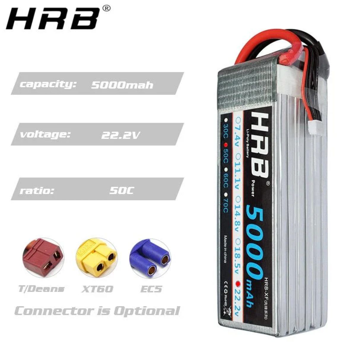 Аккумулятор HRB Lipo 2S-6S 5000mAh 7.4-22.2V 50C XT60 Deans EC5 для RC самолетов, авто Axial Аккумулятор HRB Lipo 2S-6S 5000mAh 7.4-22.2V 50C XT60 Deans EC5 для RC самолетов, авто Axial