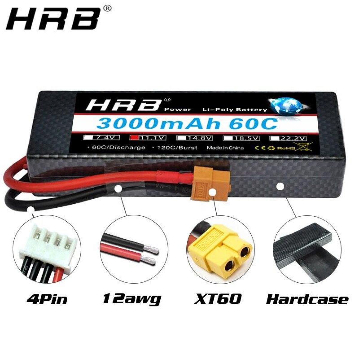 Аккумулятор HRB 11.1В 3000мАч LiPo 3S 60C Hard Case XT60/Deans/XT90/EC5 для багги, авто, лодок RC Аккумулятор HRB 11.1В 3000мАч LiPo 3S 60C Hard Case XT60/Deans/XT90/EC5 для багги, авто, лодок RC