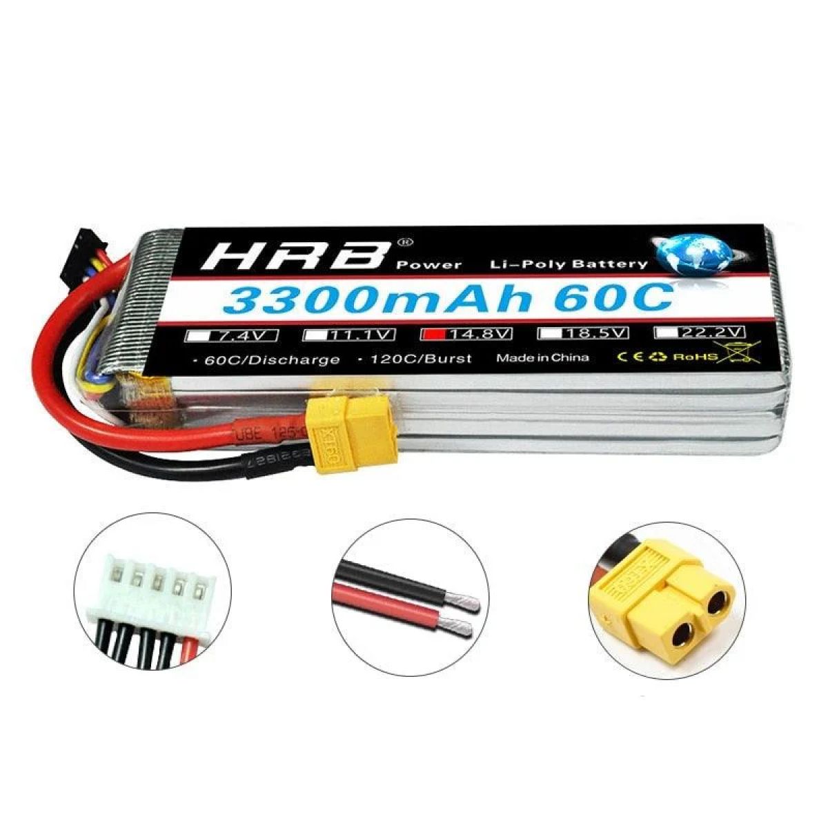HRB LiPo аккумулятор 2S 7.4V/3S 11.1V/4S 14.8V/5S/6S, 3300mAh, T Deans/XT60, для квадрокоптеров/FPV HRB LiPo аккумулятор 2S 7.4V/3S 11.1V/4S 14.8V/5S/6S, 3300mAh, T Deans/XT60, для квадрокоптеров/FPV