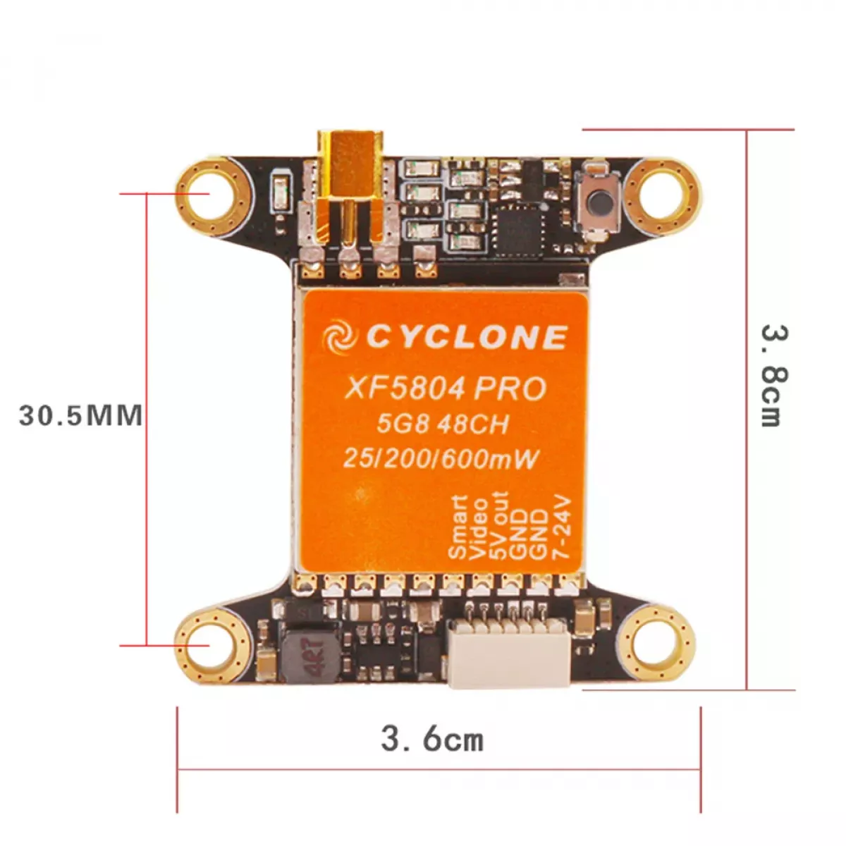 Cyclone XF5804 PRO VTX 5.8ГГц 48К 25/200/600мВт FPV видеопередатчик OSD MMCX переключаемый Cyclone XF5804 PRO VTX 5.8ГГц 48К 25/200/600мВт FPV видеопередатчик OSD MMCX переключаемый