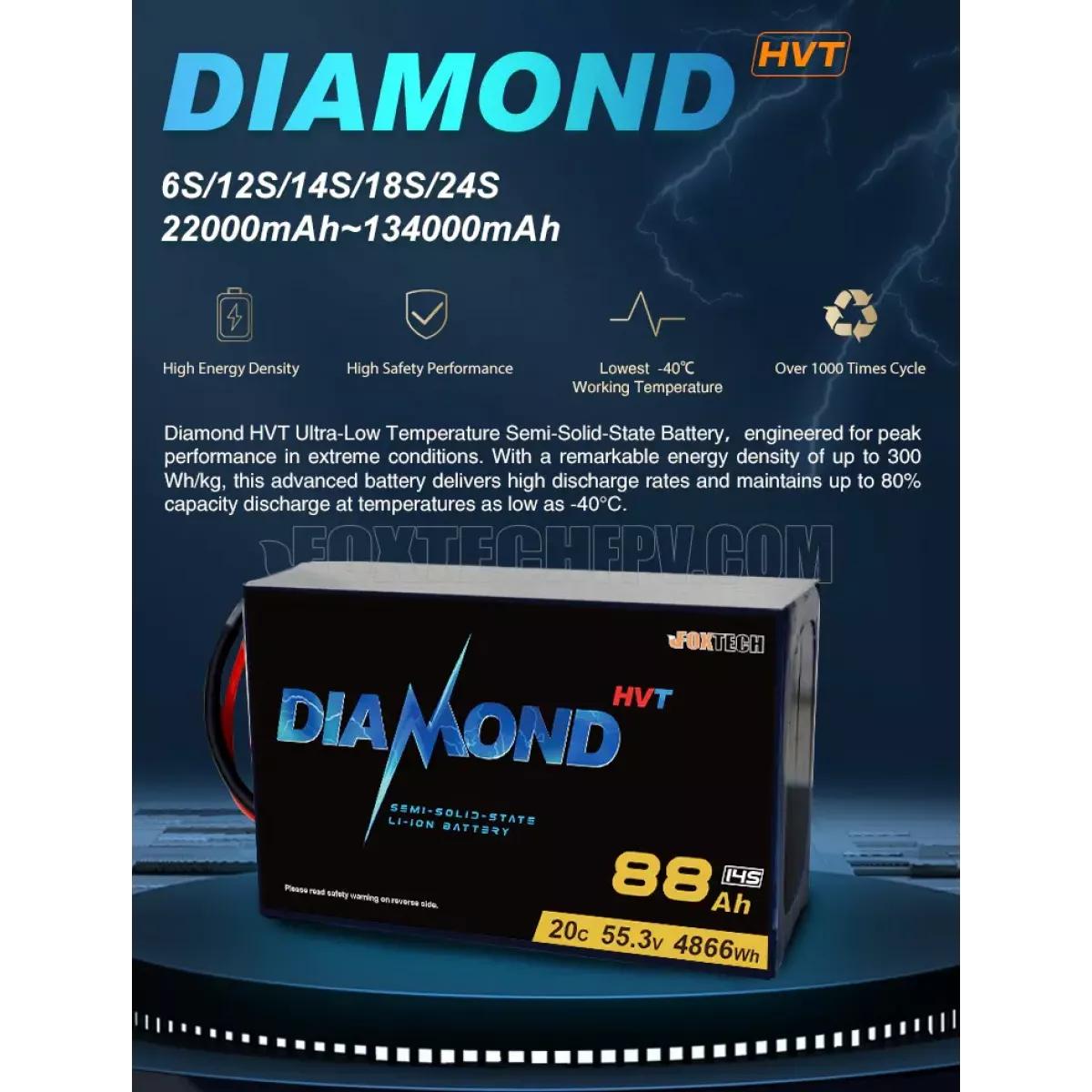 Аккумулятор Li-ion Diamond HVT 6S HV 23.7В 22/44/67Ач, -40℃~60℃ для БПЛА, 4.45В/ячейка Аккумулятор Li-ion Diamond HVT 6S HV 23.7В 22/44/67Ач, -40℃~60℃ для БПЛА, 4.45В/ячейка
