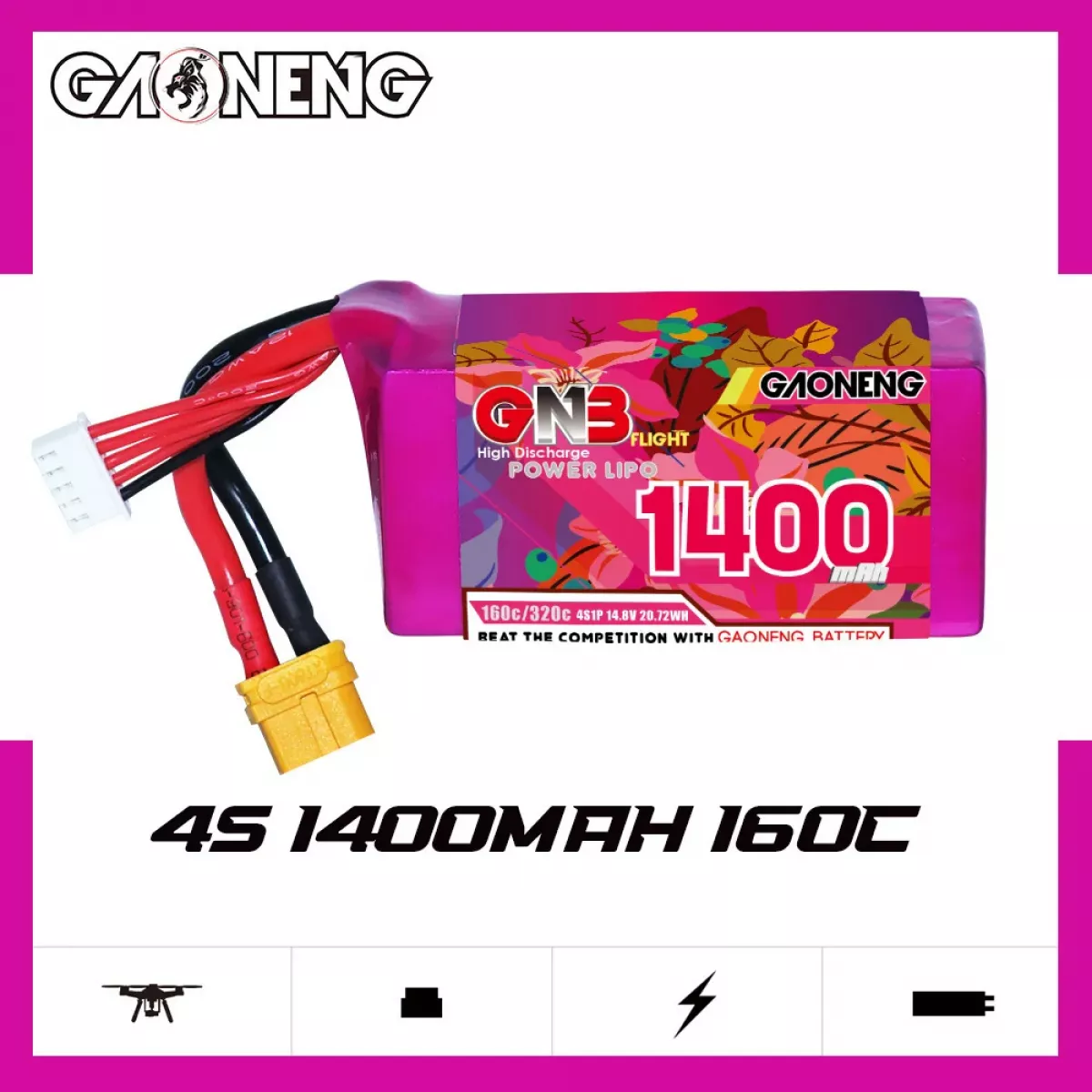 Аккумулятор LiPo 3 шт. GNB 4S 14.8V 1400mAh 160C/320C для дрона с разъемом XT60 Аккумулятор LiPo 3 шт. GNB 4S 14.8V 1400mAh 160C/320C для дрона с разъемом XT60