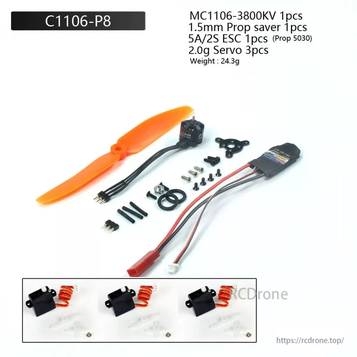 PowerX MC1106 3800KV бесщеточный мотор 1S–2S с ESC 5A, 5030 пропеллером и креплением для микро RC самолёта и FPV дрона PowerX MC1106 3800KV бесщеточный мотор 1S–2S с ESC 5A, 5030 пропеллером и креплением для микро RC самолёта и FPV дрона