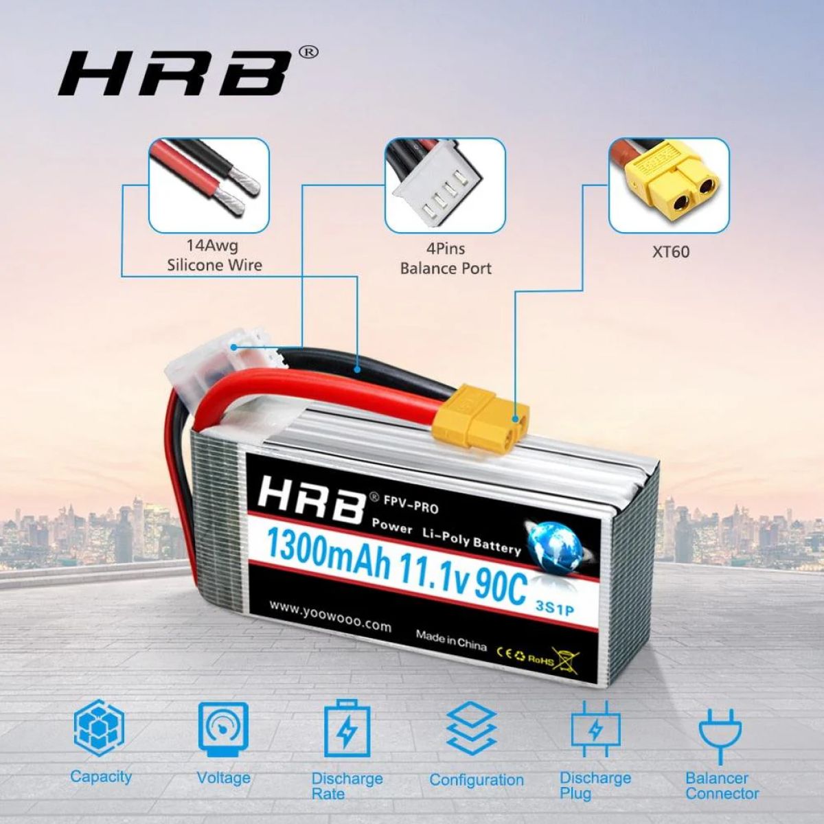 Аккумулятор HRB LiPo 2S-6S 1300-2600mAh 7.4-22.2В для дронов FPV и авиамоделей Аккумулятор HRB LiPo 2S-6S 1300-2600mAh 7.4-22.2В для дронов FPV и авиамоделей