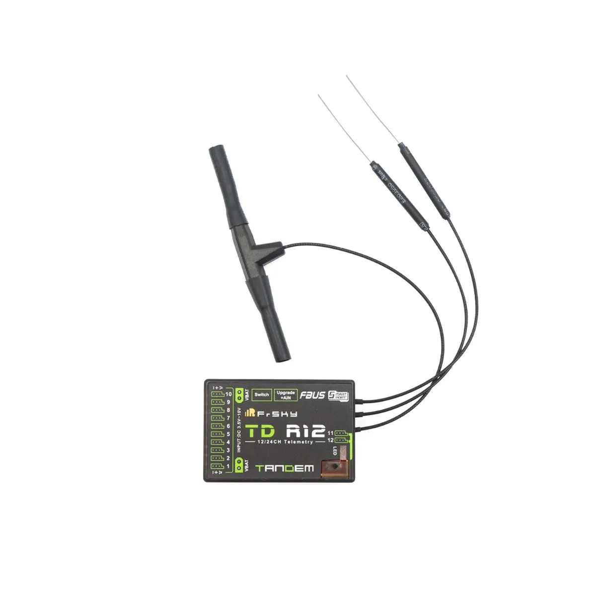 FrSky TD R12 — двухдиапазонный 12-канальный приёмник с тремя антеннами (2×2.4G, 1×900M) FrSky TD R12 — двухдиапазонный 12-канальный приёмник с тремя антеннами (2×2.4G, 1×900M)