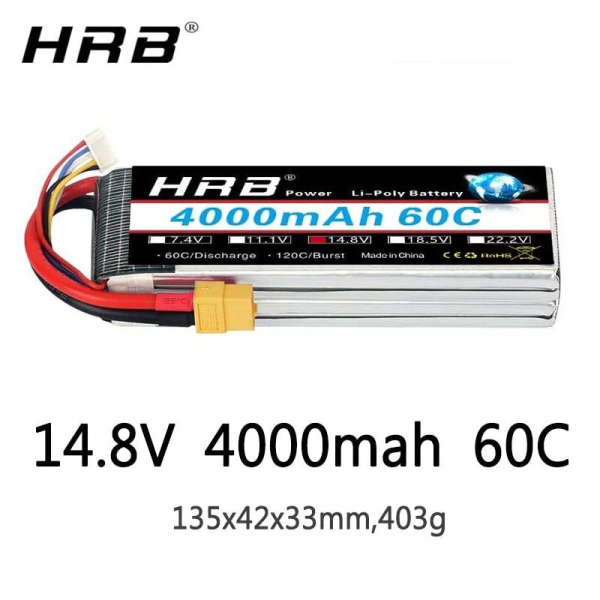 Аккумулятор HRB 14.8В 4000мАч LiPo 4S 60C XT60 T Deans XT90 EC5 для дрона, авто, лодки, FPV Аккумулятор HRB 14.8В 4000мАч LiPo 4S 60C XT60 T Deans XT90 EC5 для дрона, авто, лодки, FPV
