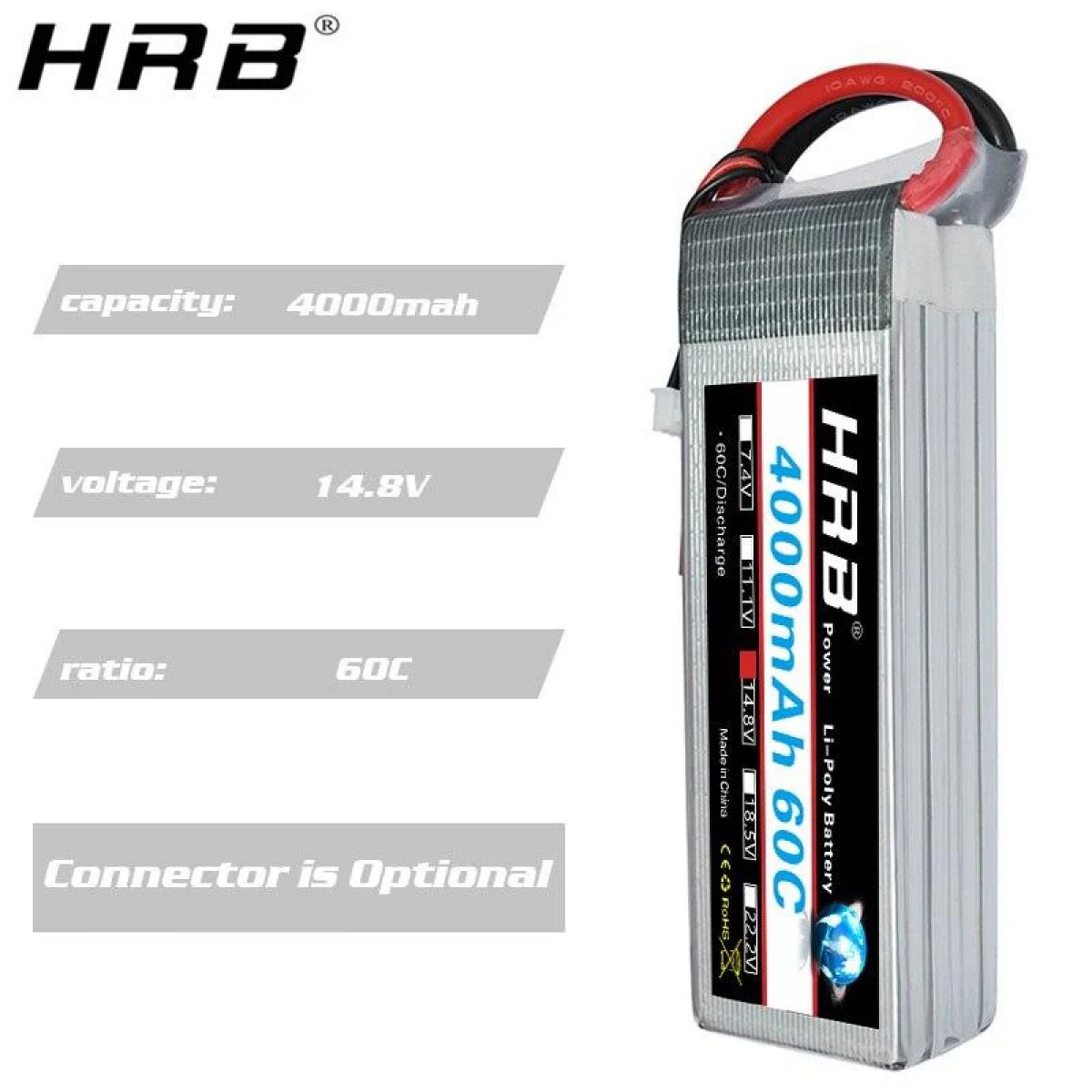 Аккумулятор HRB 14.8В 4000мАч LiPo 4S 60C XT60 T Deans XT90 EC5 для дрона, авто, лодки, FPV Аккумулятор HRB 14.8В 4000мАч LiPo 4S 60C XT60 T Deans XT90 EC5 для дрона, авто, лодки, FPV