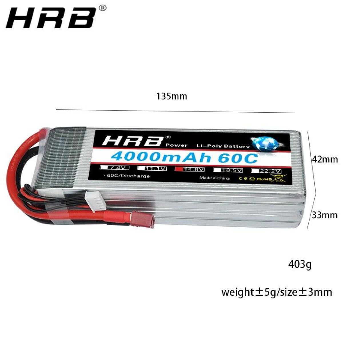 Аккумулятор HRB 14.8В 4000мАч LiPo 4S 60C XT60 T Deans XT90 EC5 для дрона, авто, лодки, FPV Аккумулятор HRB 14.8В 4000мАч LiPo 4S 60C XT60 T Deans XT90 EC5 для дрона, авто, лодки, FPV
