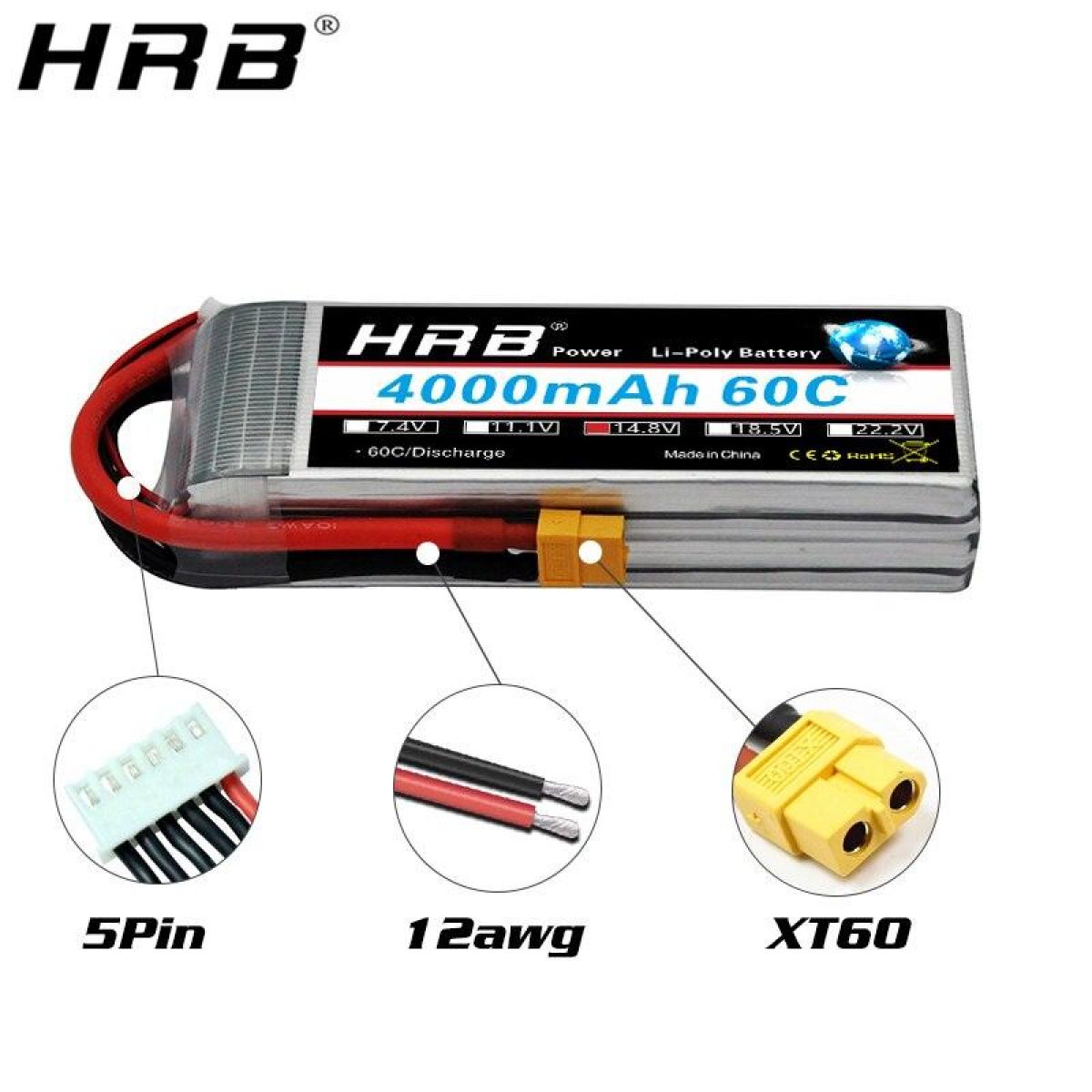 Аккумулятор HRB 14.8В 4000мАч LiPo 4S 60C XT60 T Deans XT90 EC5 для дрона, авто, лодки, FPV Аккумулятор HRB 14.8В 4000мАч LiPo 4S 60C XT60 T Deans XT90 EC5 для дрона, авто, лодки, FPV
