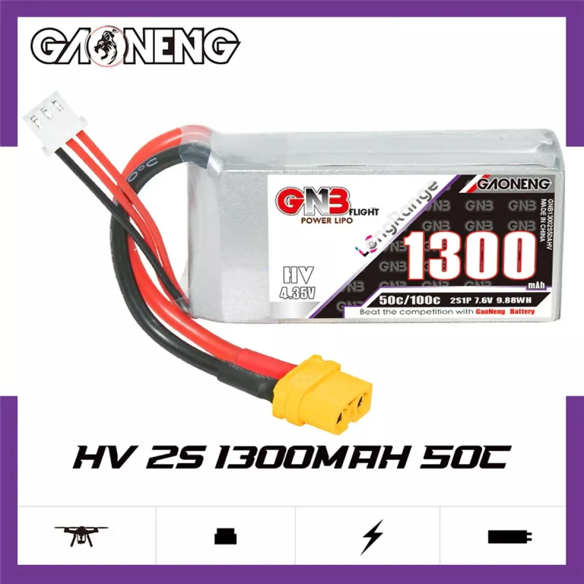 Аккумулятор GNB 2S/3S/4S/6S 1300mAh 50C Lipo для FPV дрона с разъёмом XT60 Аккумулятор GNB 2S/3S/4S/6S 1300mAh 50C Lipo для FPV дрона с разъёмом XT60