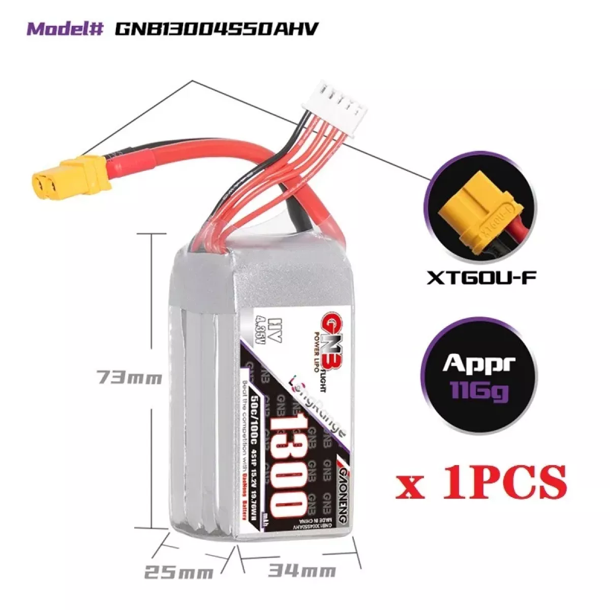 Аккумулятор GNB 2S/3S/4S/6S 1300mAh 50C Lipo для FPV дрона с разъёмом XT60 Аккумулятор GNB 2S/3S/4S/6S 1300mAh 50C Lipo для FPV дрона с разъёмом XT60
