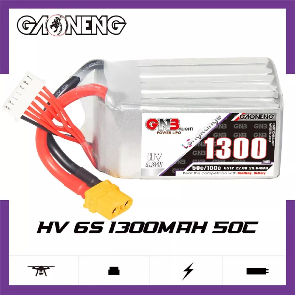 Аккумулятор GNB 2S/3S/4S/6S 1300mAh 50C Lipo для FPV дрона с разъёмом XT60 Аккумулятор GNB 2S/3S/4S/6S 1300mAh 50C Lipo для FPV дрона с разъёмом XT60