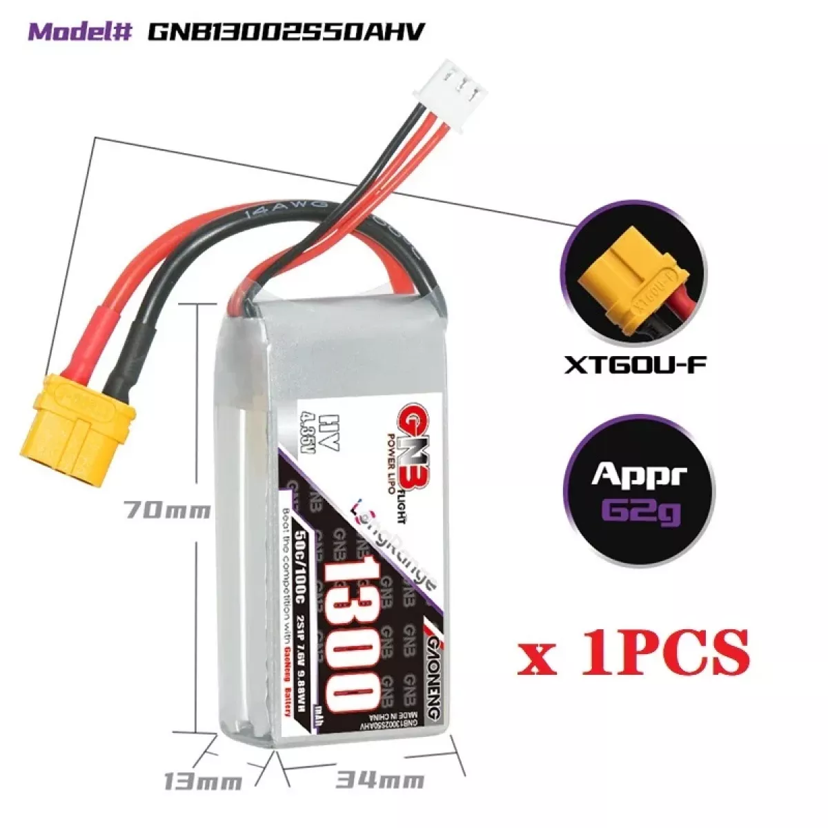 Аккумулятор GNB 2S/3S/4S/6S 1300mAh 50C Lipo для FPV дрона с разъёмом XT60 Аккумулятор GNB 2S/3S/4S/6S 1300mAh 50C Lipo для FPV дрона с разъёмом XT60