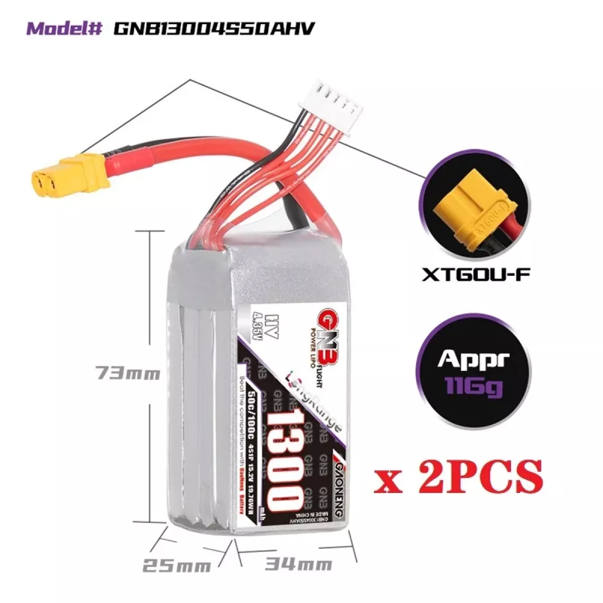 Аккумулятор GNB 2S/3S/4S/6S 1300mAh 50C Lipo для FPV дрона с разъёмом XT60 Аккумулятор GNB 2S/3S/4S/6S 1300mAh 50C Lipo для FPV дрона с разъёмом XT60