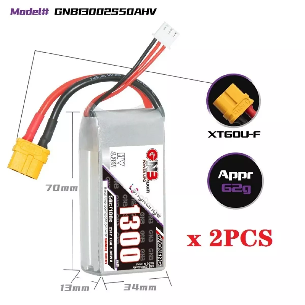 Аккумулятор GNB 2S/3S/4S/6S 1300mAh 50C Lipo для FPV дрона с разъёмом XT60 Аккумулятор GNB 2S/3S/4S/6S 1300mAh 50C Lipo для FPV дрона с разъёмом XT60