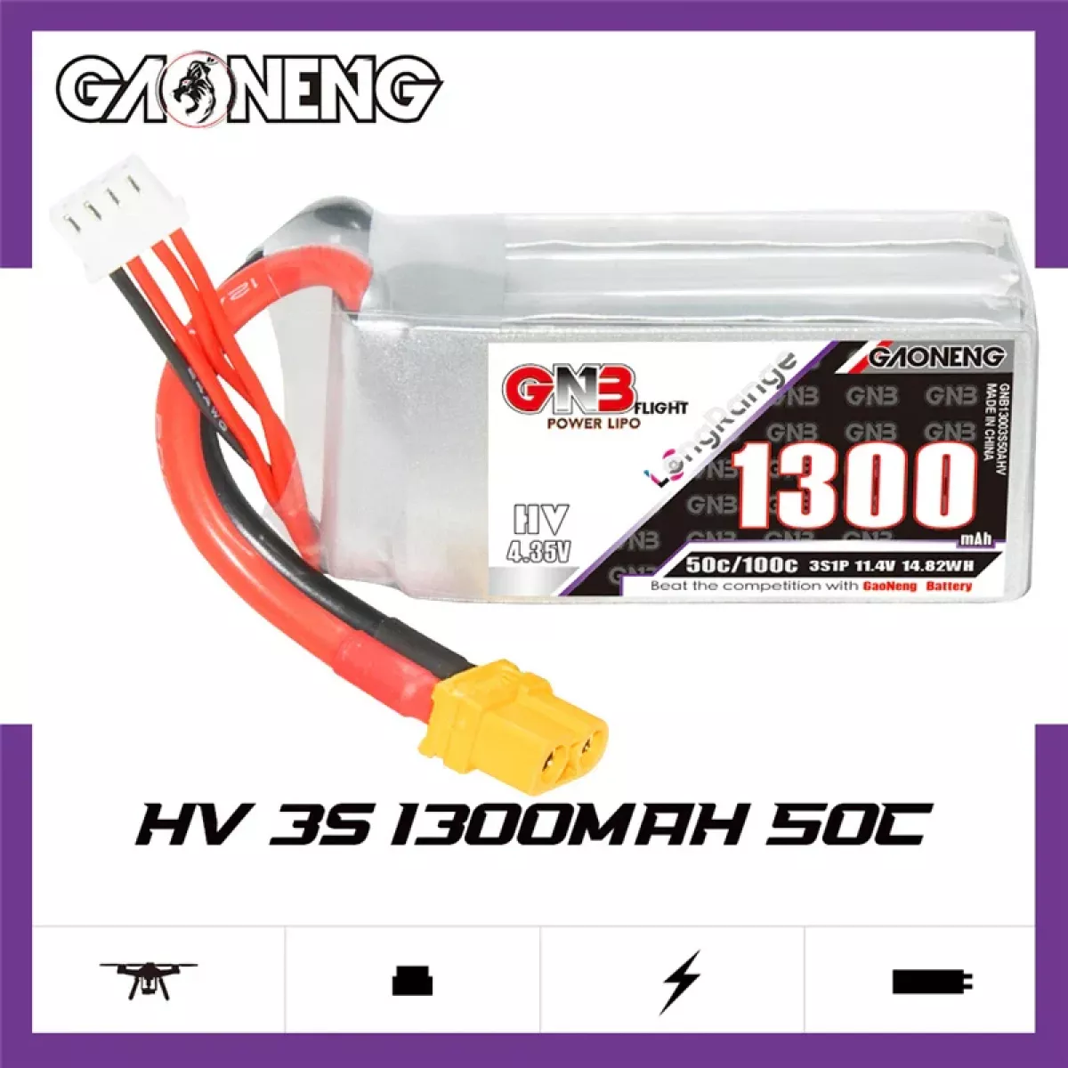 Аккумулятор GNB 2S/3S/4S/6S 1300mAh 50C Lipo для FPV дрона с разъёмом XT60 Аккумулятор GNB 2S/3S/4S/6S 1300mAh 50C Lipo для FPV дрона с разъёмом XT60
