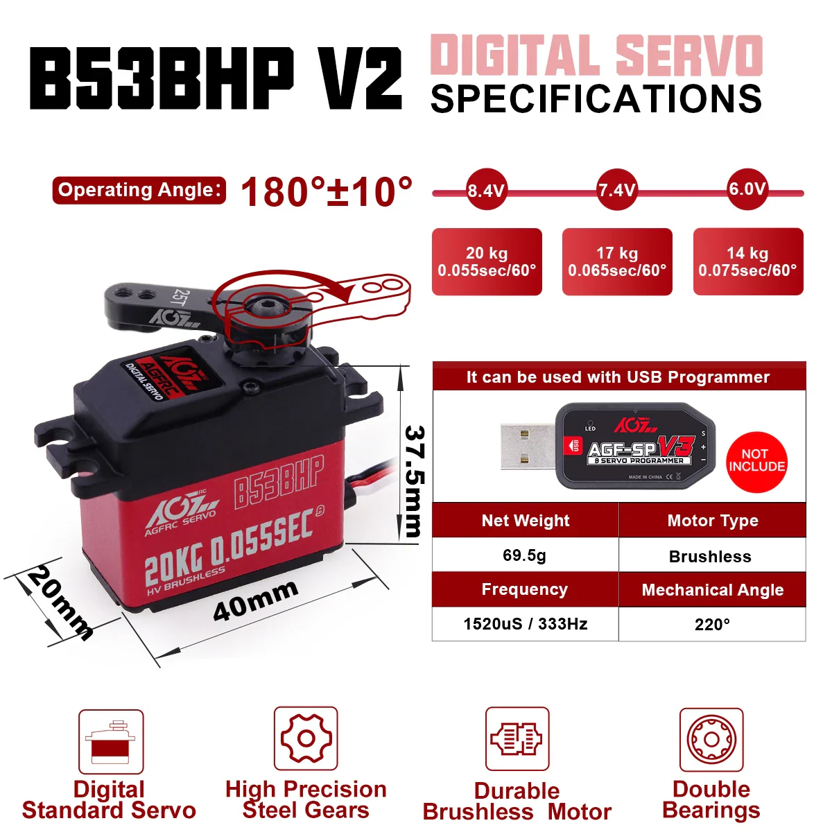 AGFRC B53BHP V2 — бесщеточный RC серво HV 20KG, усиленные стальные шестерни, программируемый, 1/10 авто/катер/краулер AGFRC B53BHP V2 — бесщеточный RC серво HV 20KG, усиленные стальные шестерни, программируемый, 1/10 авто/катер/краулер
