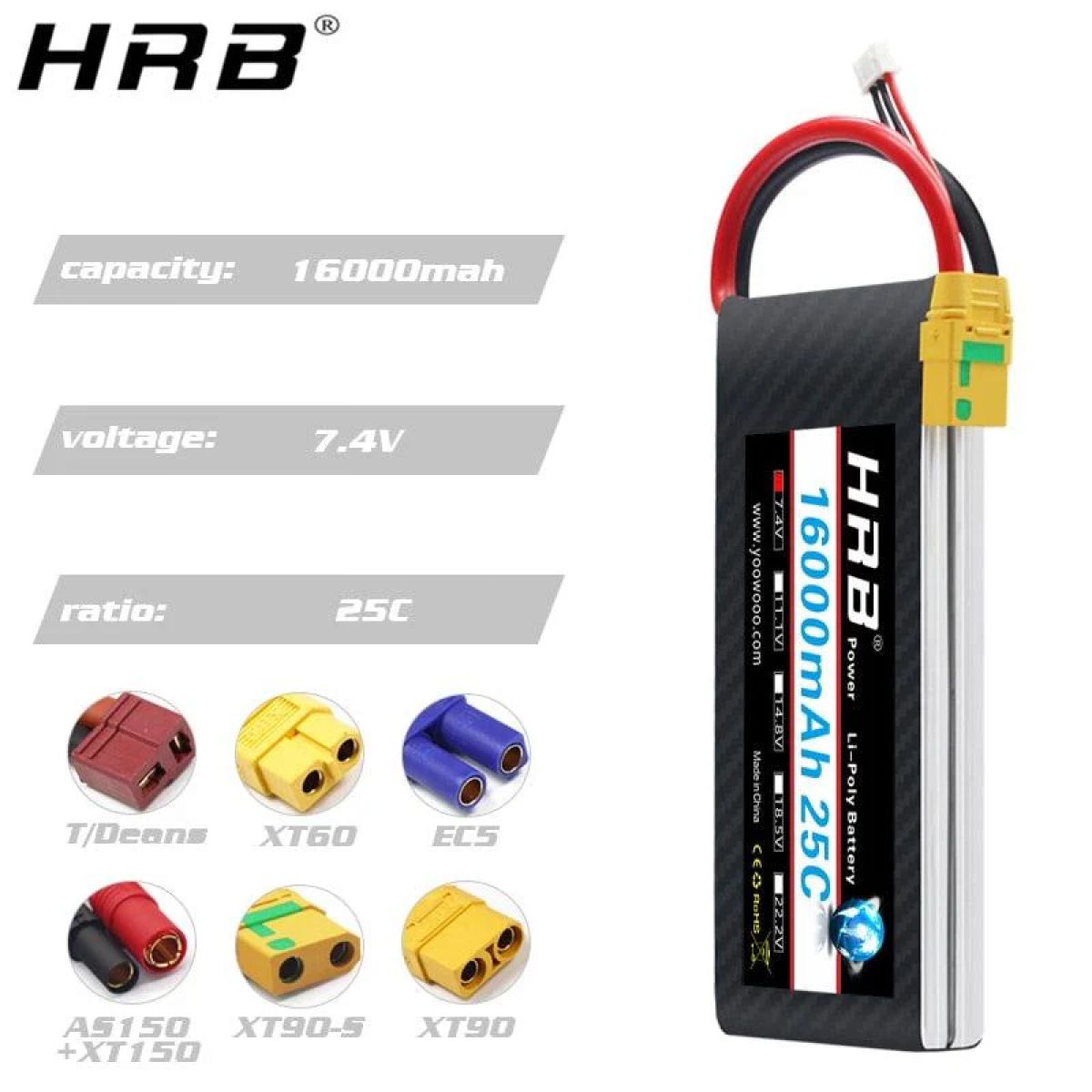 Аккумулятор HRB Lipo 2S 7.4V 10000/12000/16000mAh 25C, разъёмы XT60/T/Deans/EC5/XT90/XT90-S/XT150/AS150 для RC Аккумулятор HRB Lipo 2S 7.4V 10000/12000/16000mAh 25C, разъёмы XT60/T/Deans/EC5/XT90/XT90-S/XT150/AS150 для RC