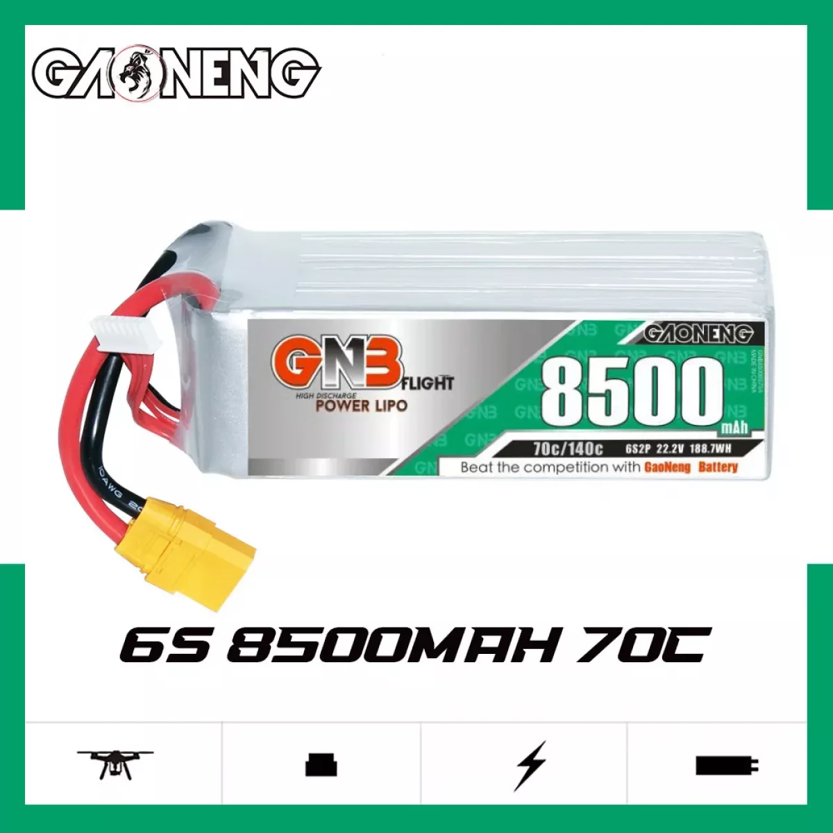 Аккумулятор Gaoneng GNB 4S 6S 14.8V 22.8V 8500mAh 70C/140C Lipo для FPV дрона, вертолета, авто, катера Аккумулятор Gaoneng GNB 4S 6S 14.8V 22.8V 8500mAh 70C/140C Lipo для FPV дрона, вертолета, авто, катера