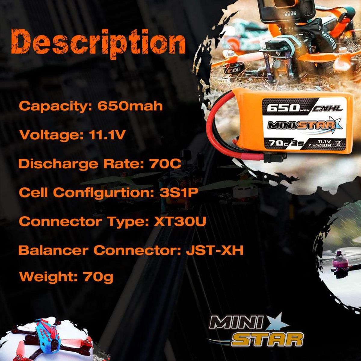 Аккумулятор 3 шт. CNHL 11.1V 650mAh 3S Lipo 70C XT30 для FPV дронов, квадрокоптеров, самолётов Аккумулятор 3 шт. CNHL 11.1V 650mAh 3S Lipo 70C XT30 для FPV дронов, квадрокоптеров, самолётов