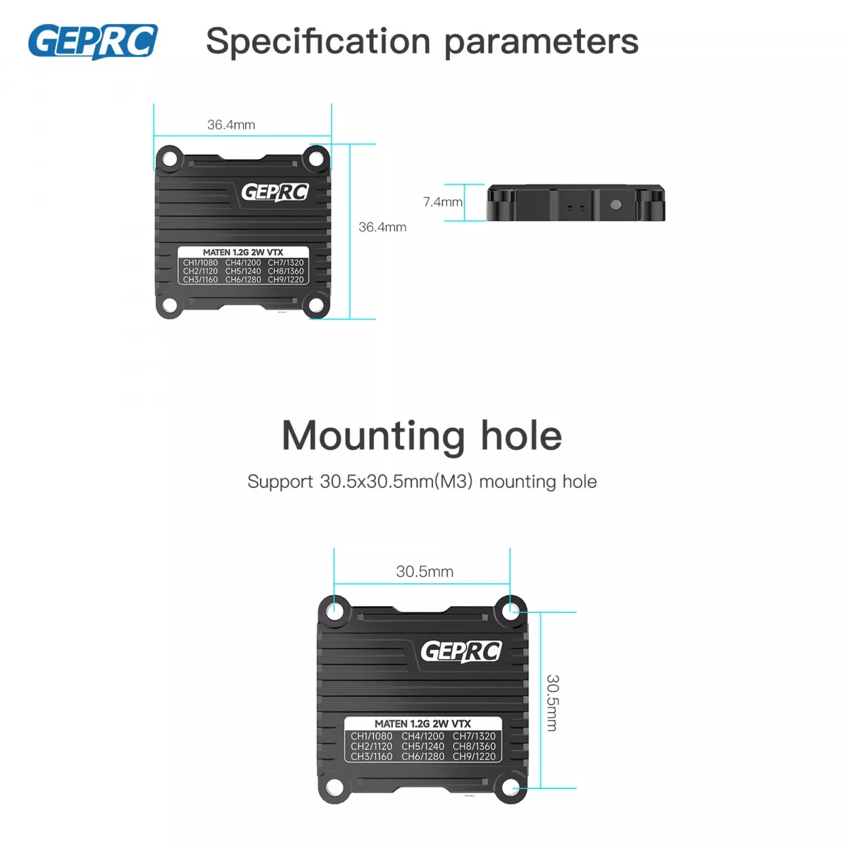 GEPRC MATEN 1.2G 2W VTX — видеопередатчик 25/2000 мВт, 1080–1360 МГц для FPV дронов GEPRC MATEN 1.2G 2W VTX — видеопередатчик 25/2000 мВт, 1080–1360 МГц для FPV дронов