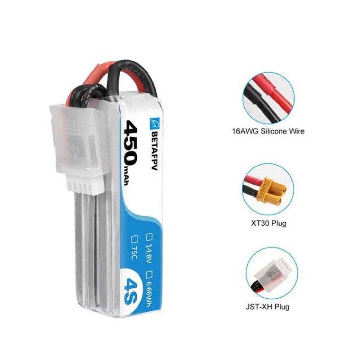 4 шт. BETAFPV 4S 450mAh 75C LiPo аккумулятор для Beta95X V3 FPV дрона – аксессуары и запчасти 4 шт. BETAFPV 4S 450mAh 75C LiPo аккумулятор для Beta95X V3 FPV дрона – аксессуары и запчасти